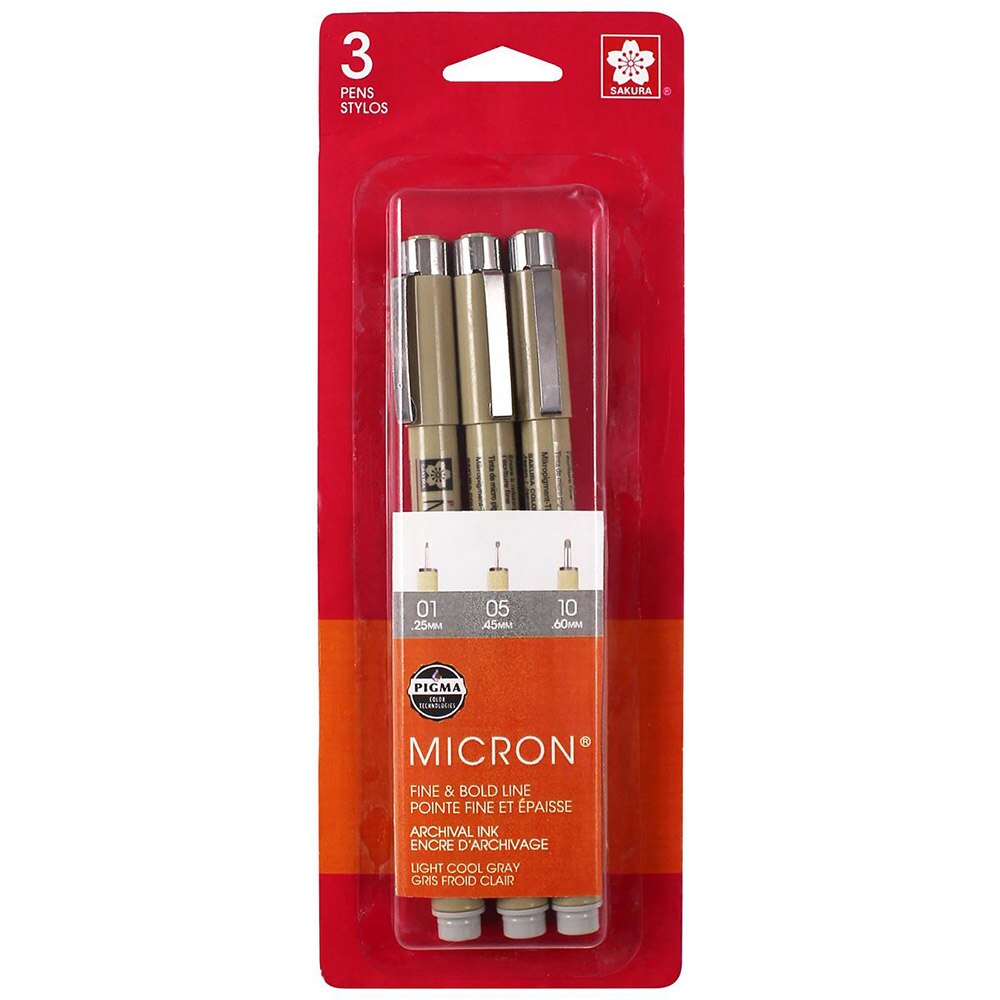 Sakura, Pigma, Micron, Light Cool Grey, 3 Pen Set, (.25, .45, .60)